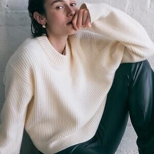 J.Crew 100% Cashmere Ribbed Crewneck Sweater Warm Sesame Cream M NWT